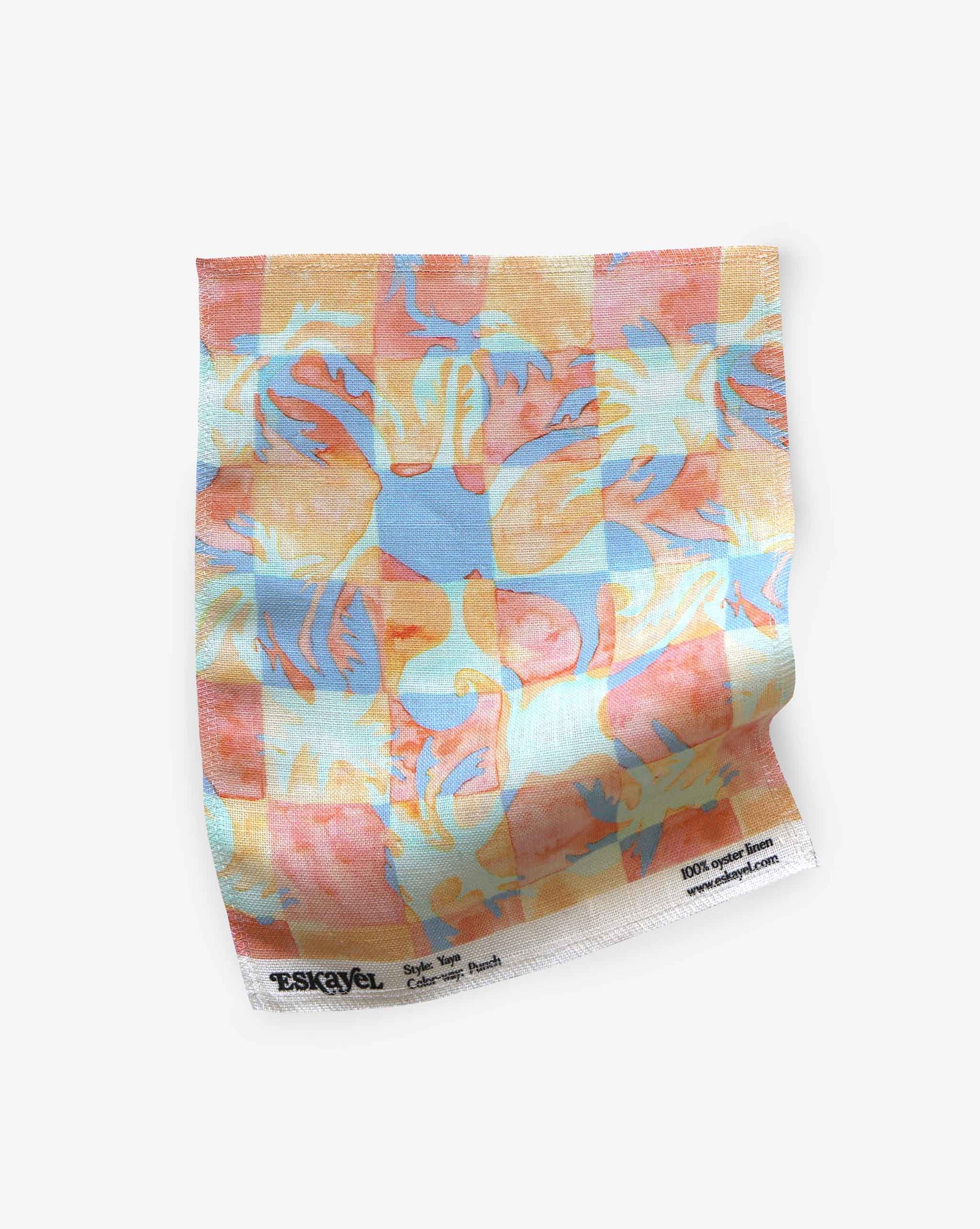 Yaya fabric in Punch as a swatch — beach-themed graphic botanical fabric in bright pink, peach, periwinkle blue, and pale turquoise | Eskayel