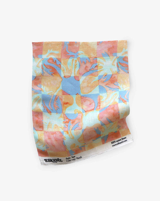 Yaya fabric in Punch as a swatch — beach-themed graphic botanical fabric in bright pink, peach, periwinkle blue, and pale turquoise | Eskayel