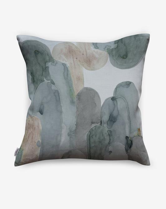 An Arcos Pillow 22' x 22'   Sage with a watercolor painting of a cactus in a Sage colorway