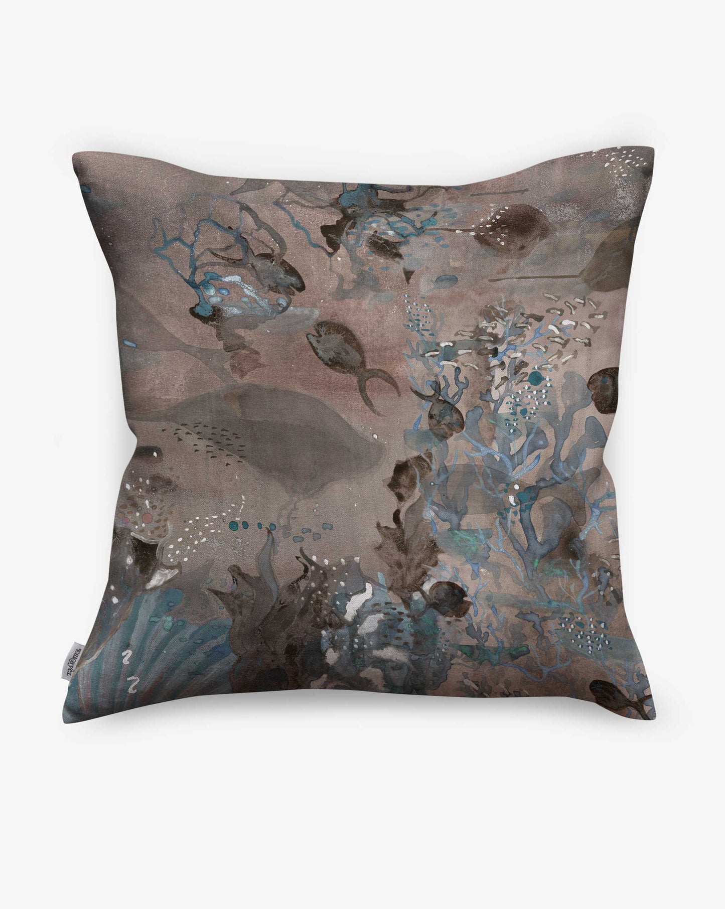 In the Amber colorway, the oceanic Atoll pillow design from Eskayel features brown hues.