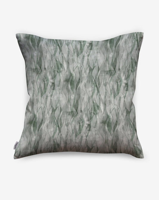 Cascade linen pillows in Tourmaline combine green hues in a watercolor design.   