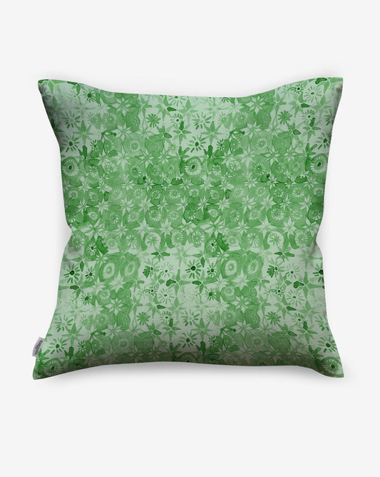 Crochet Lace pillows in Arugula feature heirloom lace reinterpreted as a watercolor design in green.