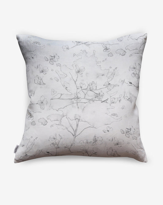 Inspired by East Coast landscapes, Dogwood Dreams pillows in Birch include grey on white.