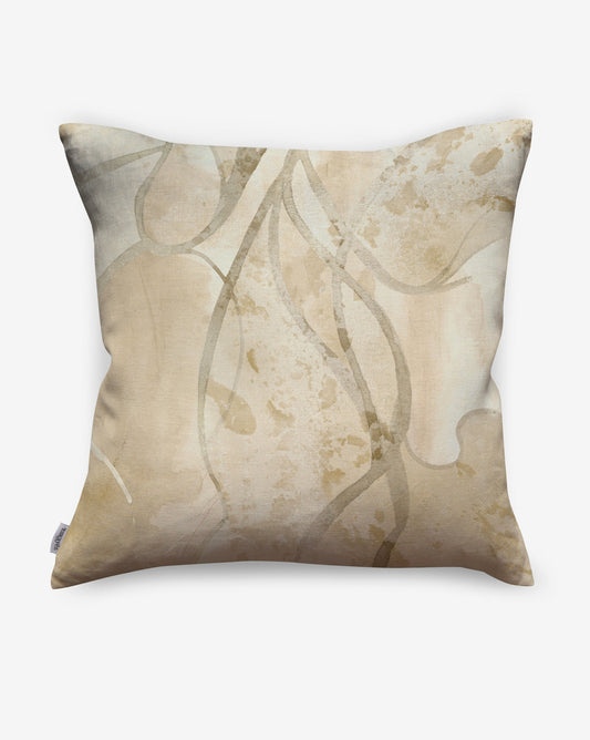 Eskayel Hibiscus Lily linen pillows in Pearl feature yellow tones. 