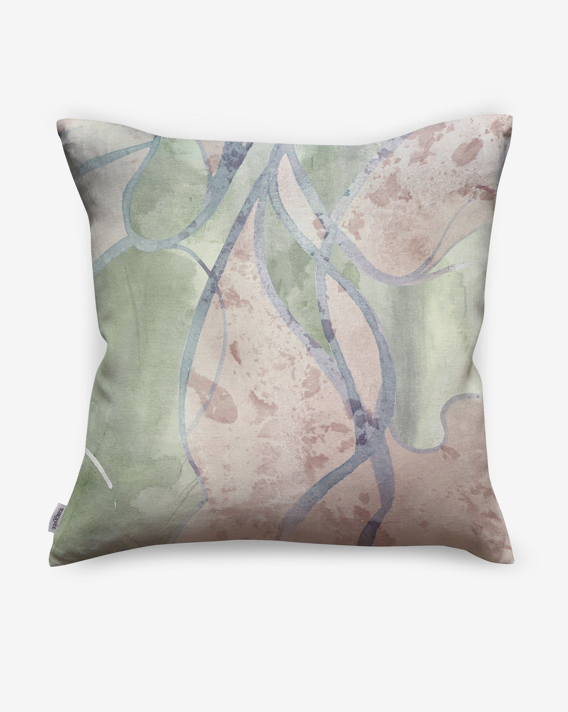 Eskayel Hibiscus Lily linen pillows in Tourmaline feature green hues against beige.   