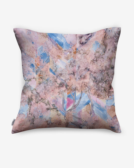 Featuring a floral study on chevrons, Inflorescence pillows in our Reef colorway provide a palette of coral, blue and pink.  