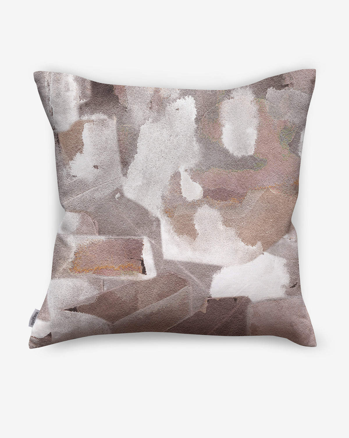 Medina Pillow square watercolor throw pillow featuring an abstract pattern of muted white, gray, and mauve brushstrokes.