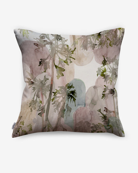Featuring silhouettes of a tropical tree, luxurious Papaya Arc pillows in our Dusk colorway juxtapose avocado green with muted pinks.