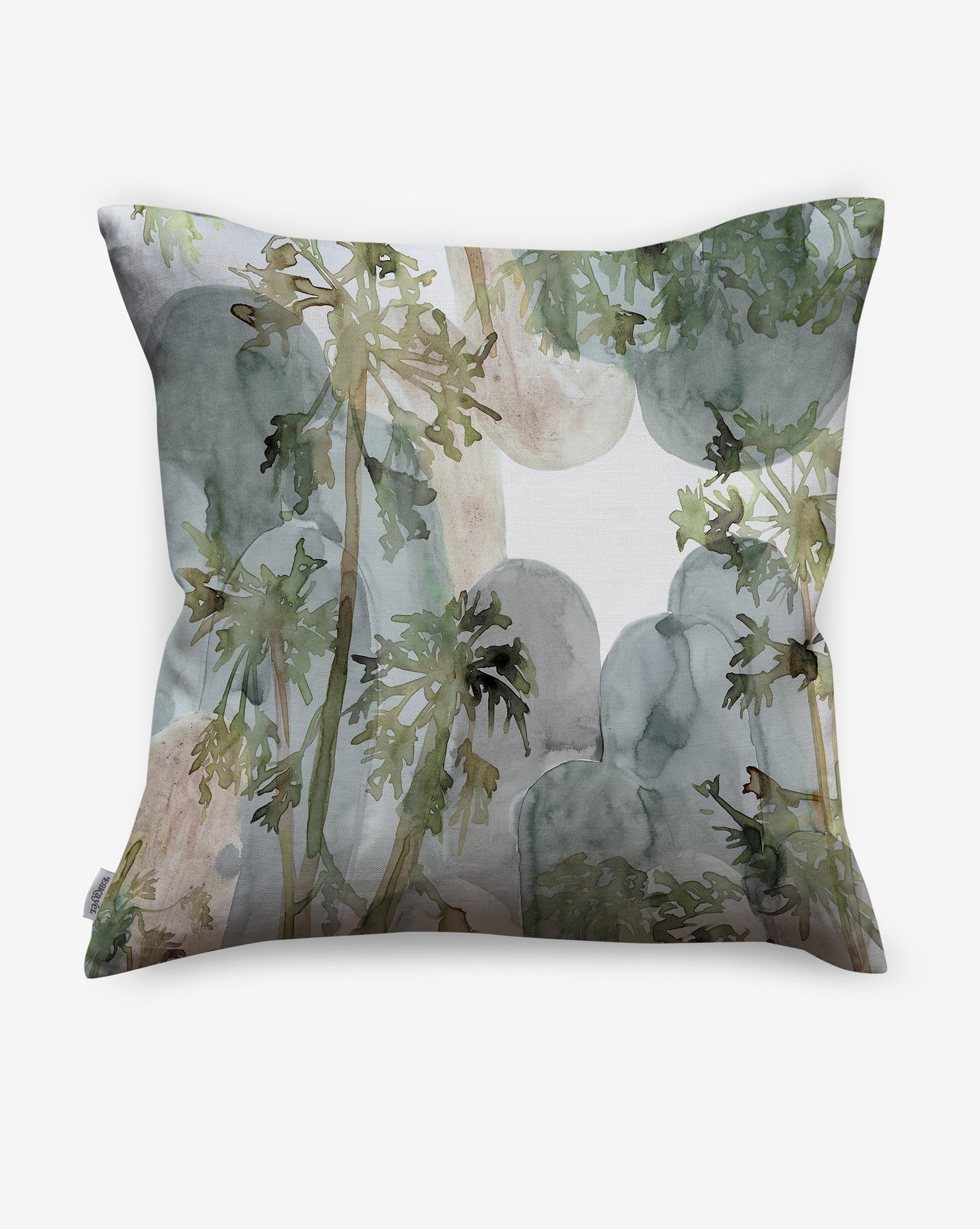 Depicting silhouettes of a tropical tree, luxurious Papaya Arc pillows in our Sage colorway feature greens and greys