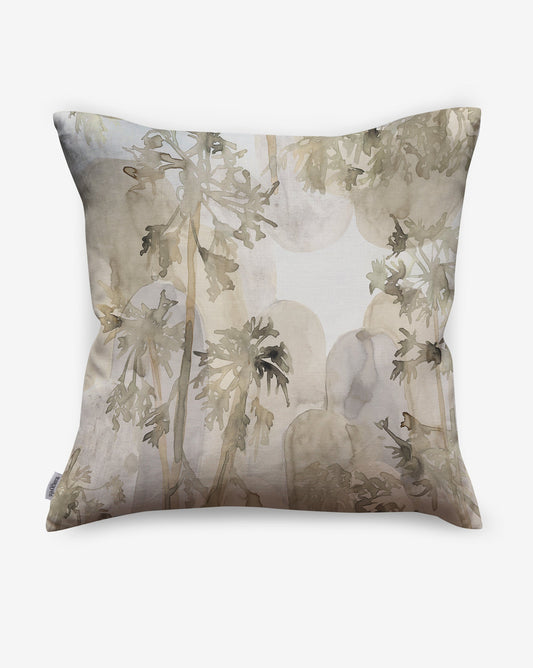 Depicting silhouettes of a tropical tree, luxurious Papaya Arc pillows in our Sol colorway feature neutrals from taupe to tan.