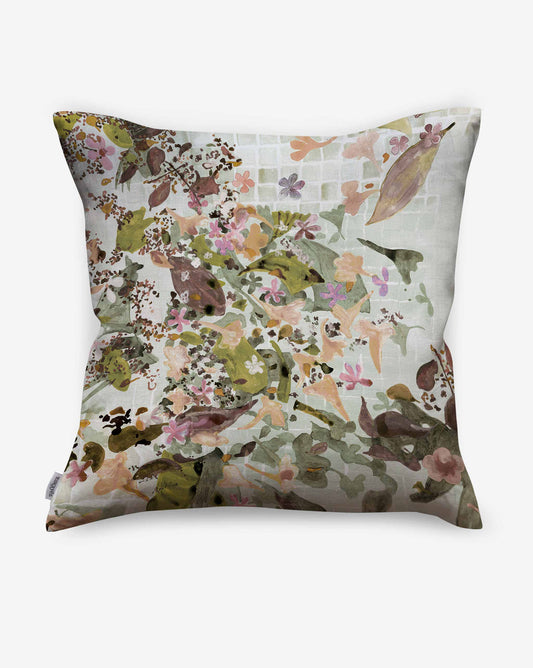 Eskayel Pétalos pillows in Abalone, is a green colorway with pink and brown accents. 