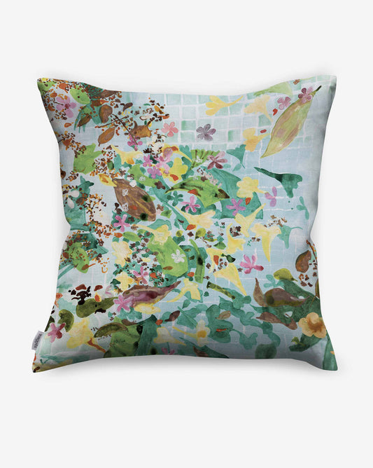 Eskayel Pétalos pillows in bright multicolor Pool, a colorway with a turquoise background.