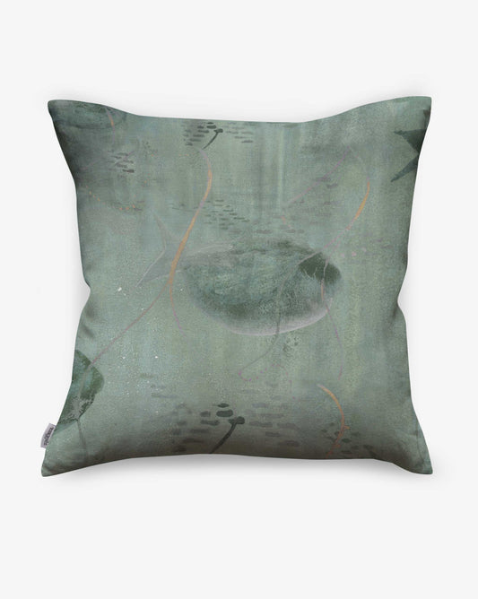 Custom Shoal pillows in the Aqua colorway feature a deep sea composition in a green palette.