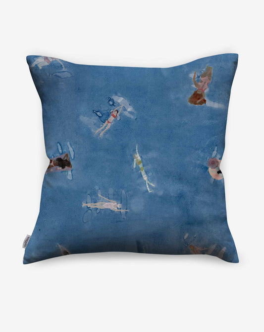 Pillows in Swim in the Lake colorway feature a navy blue background.