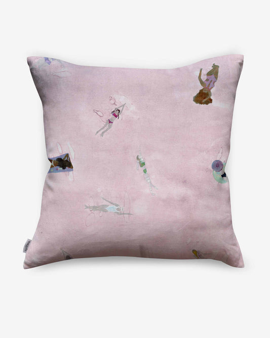 A luxurious Swim Pillow||Shell adorned with small illustrations of people swimming and floating in various poses, perfect for adding a touch of whimsy to your beach house.