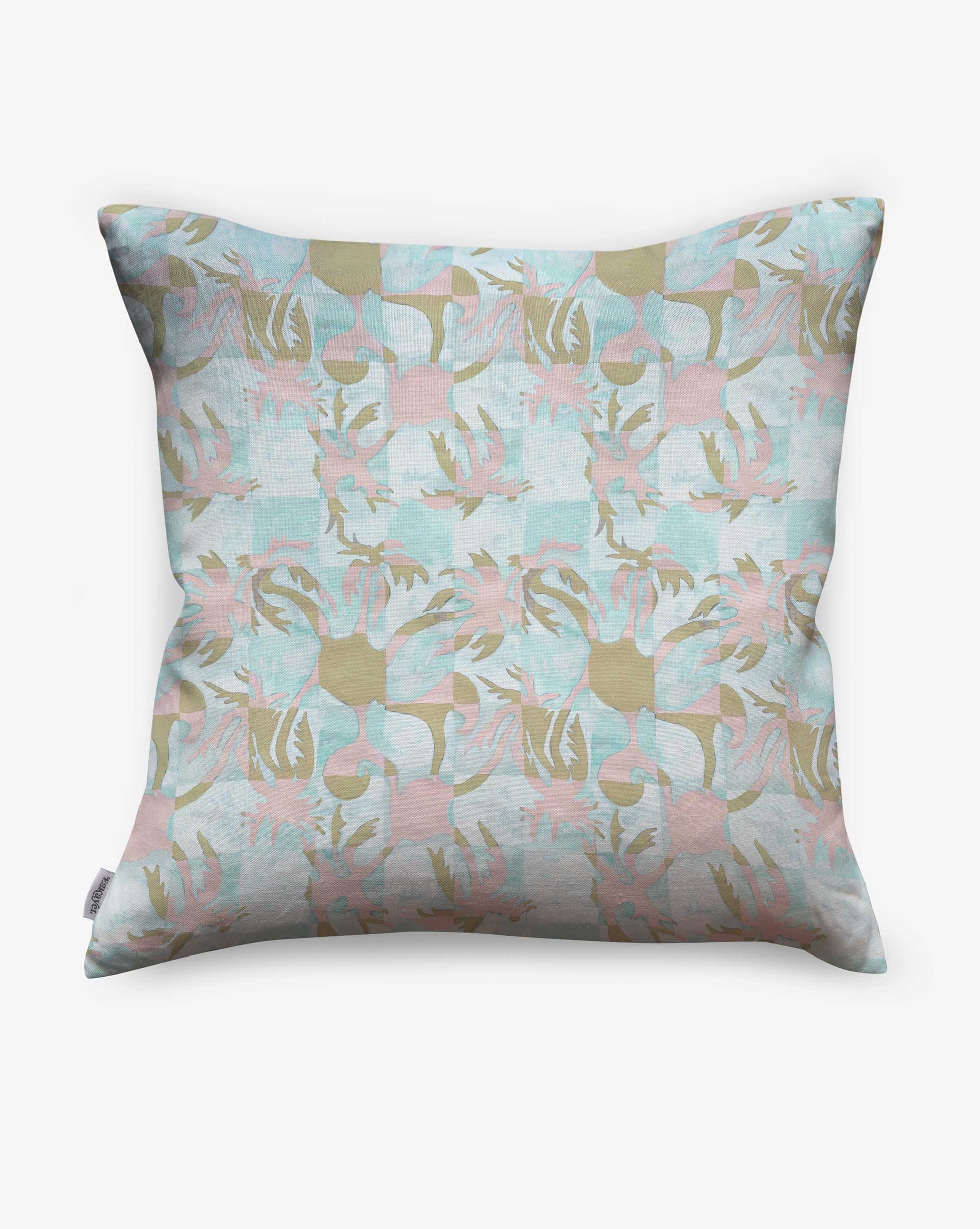 Yaya pillow in Brisa as a swatch — beach-themed graphic botanical pattern in turquoise, taupe, and light pink | Eskayel