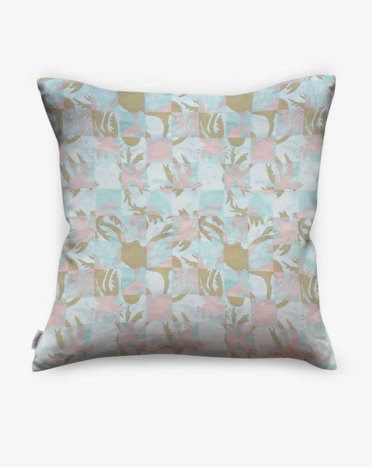 Yaya pillow in Brisa as a swatch — beach-themed graphic botanical pattern in turquoise, taupe, and light pink | Eskayel