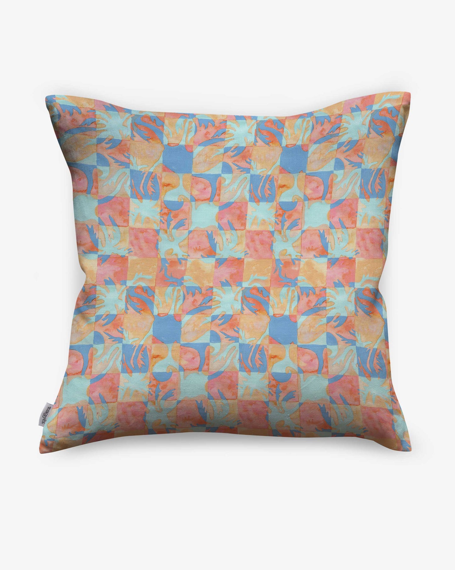 Yaya pillow in Punch as a swatch — beach-themed graphic botanical pattern in bright pink, peach, periwinkle blue, and pale turquoise | Eskayel
