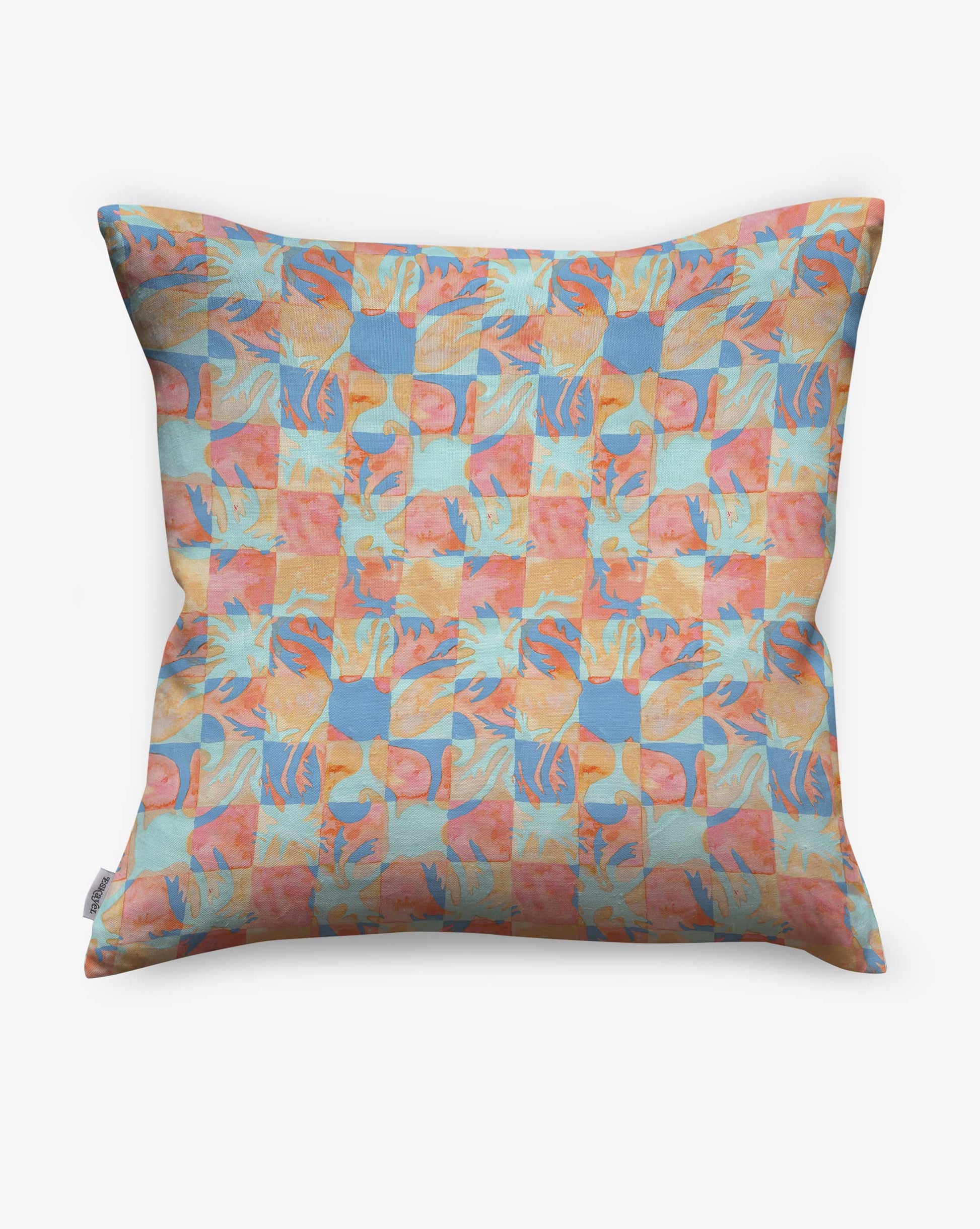 Yaya pillow in Punch as a swatch — beach-themed graphic botanical pattern in bright pink, peach, periwinkle blue, and pale turquoise | Eskayel