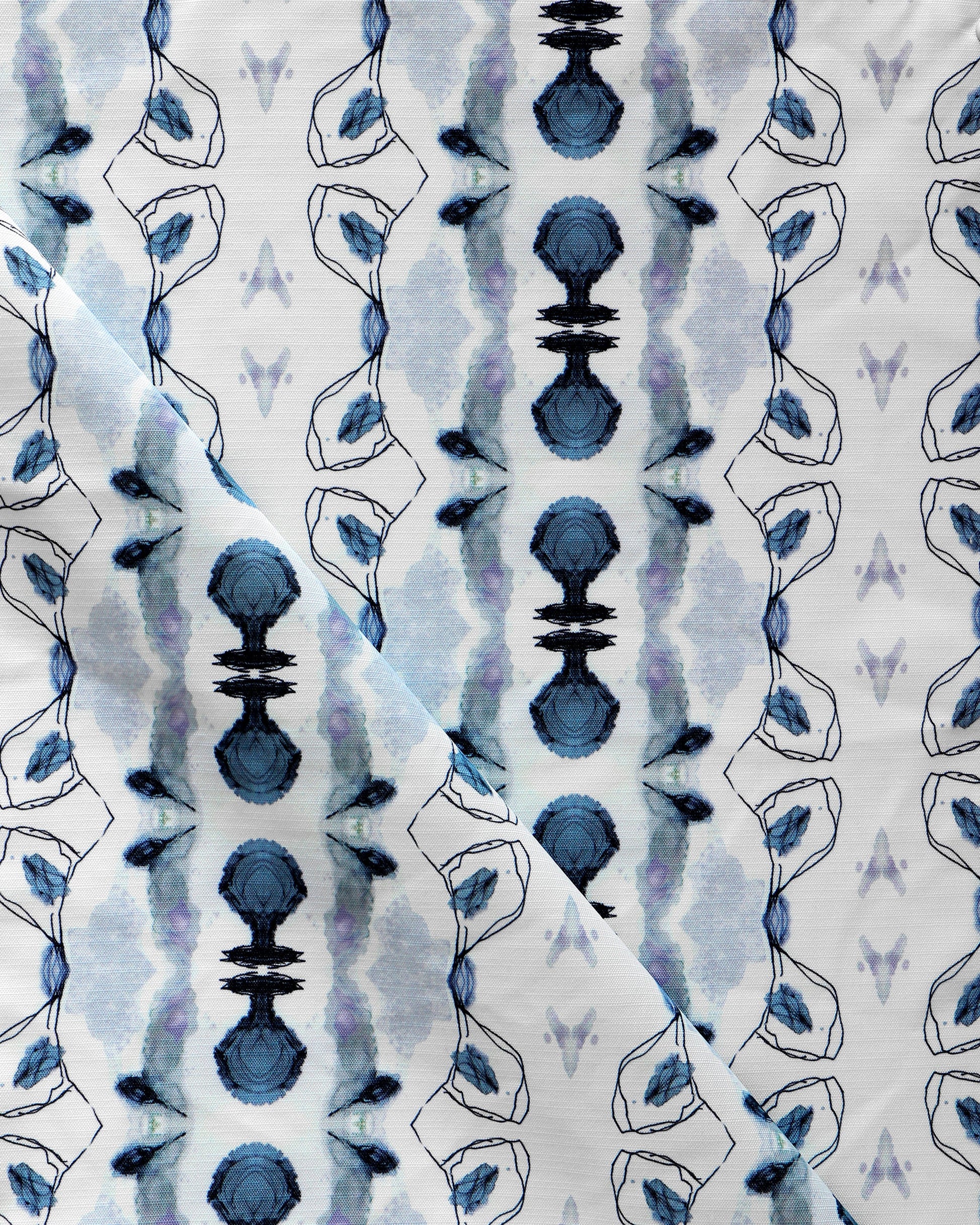 A blue and white fabric with an abstract pattern, made of Bali Stripe Performance Fabric Indigo