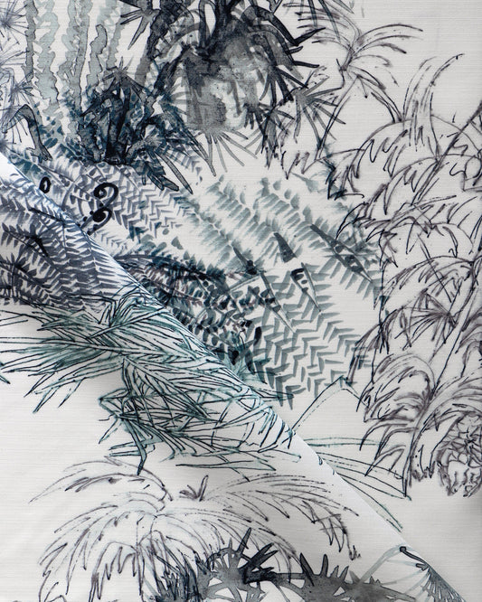 A black and white drawing of a palm tree from the Salentu Collection showcases the Domenica Performance Fabric Notte pattern