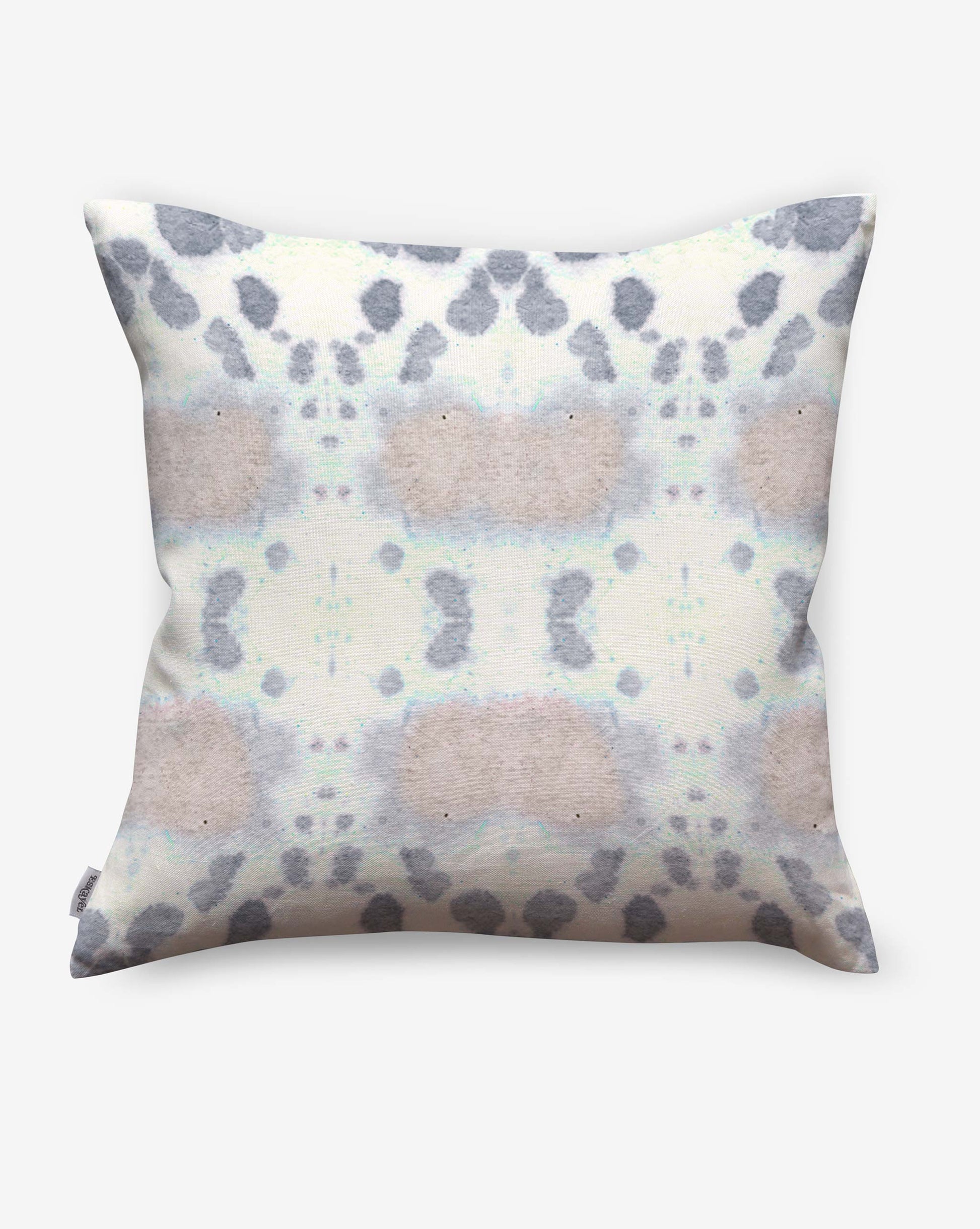 The Species Outdoor Pillow Hide features a soft, abstract watercolor pattern in pastel gray, purple, and beige on white luxury performance fabric for lasting comfort outdoors.