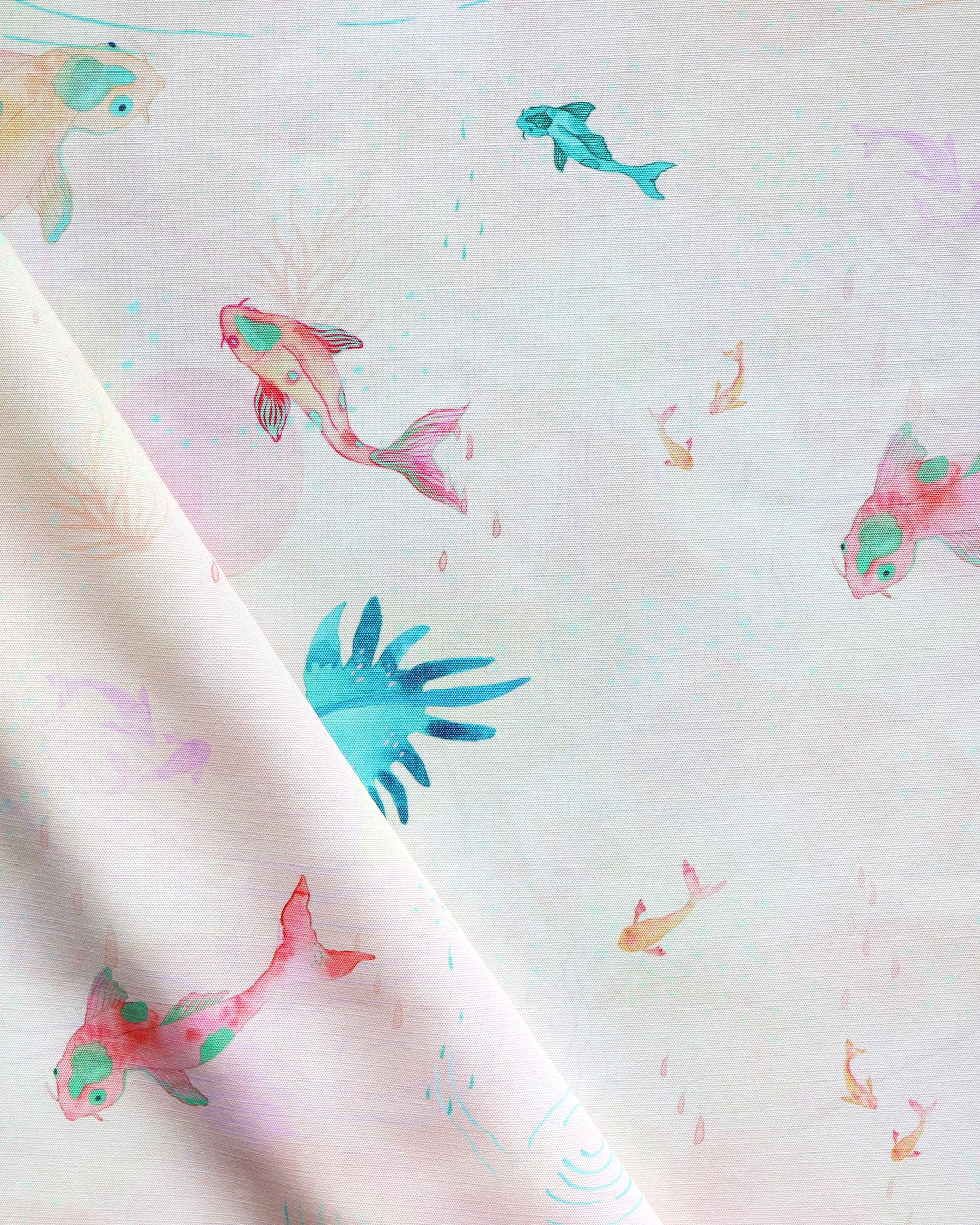 A white fabric with colorful fish on it is now available in Olivia Provey's Water Signs Performance Fabric||Multi luxury performance fabric.