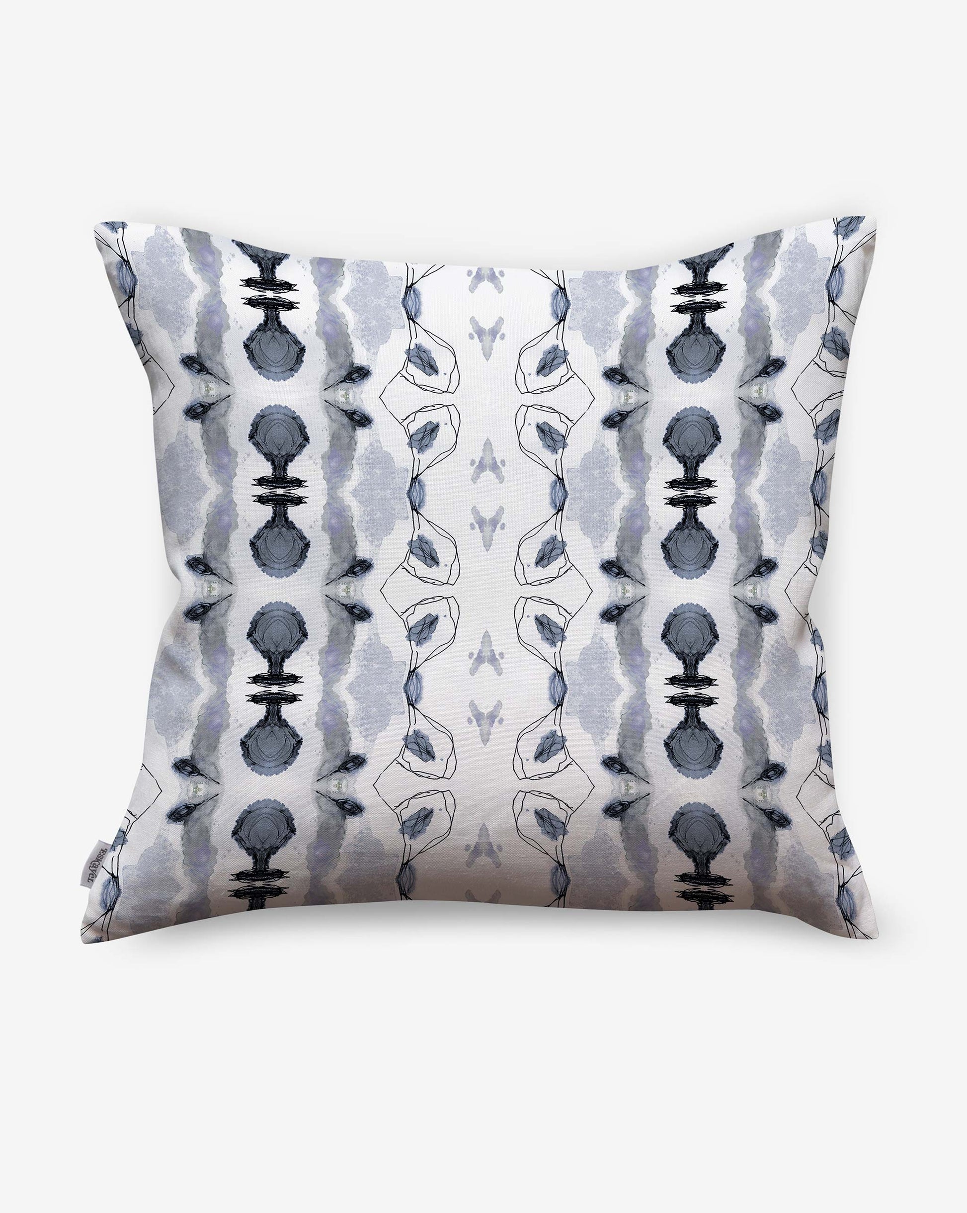 A Bali Stripe Outdoor Pillow Indigo with a blue and white abstract aesthetic design on it