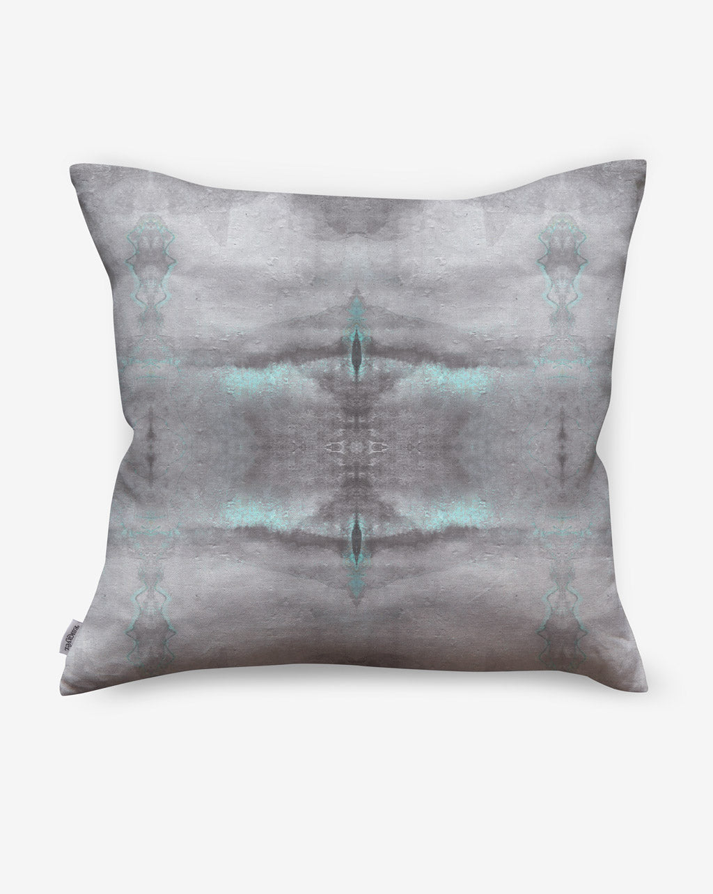 A grey luxury performance Poolside Outdoor Pillow Viridian with a turquoise design on it