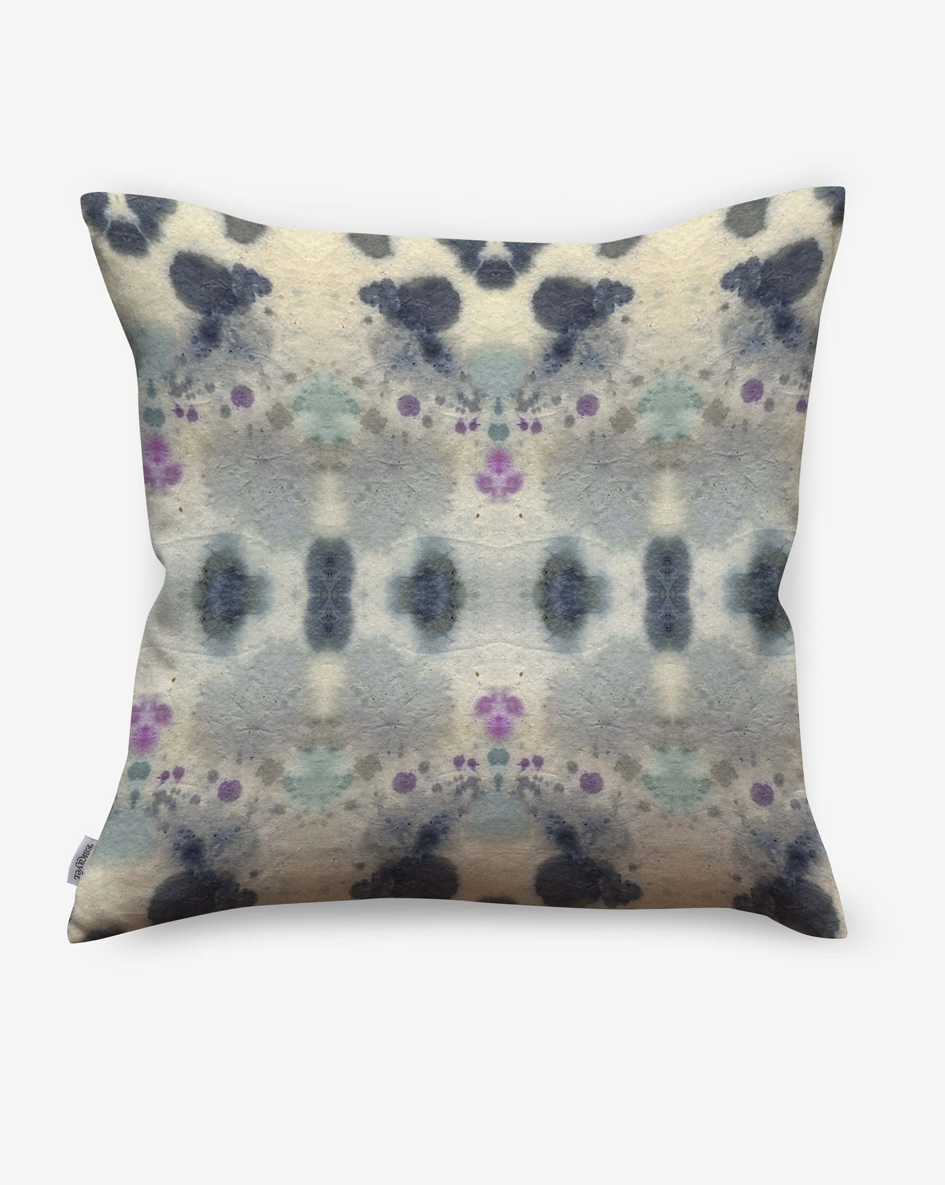 The Species Outdoor Pillow in the Waterstone colorway features a symmetrical abstract pattern in blue, gray, black, and purple on a light background. Made from luxury performance fabric, it’s ideal for outdoor use.