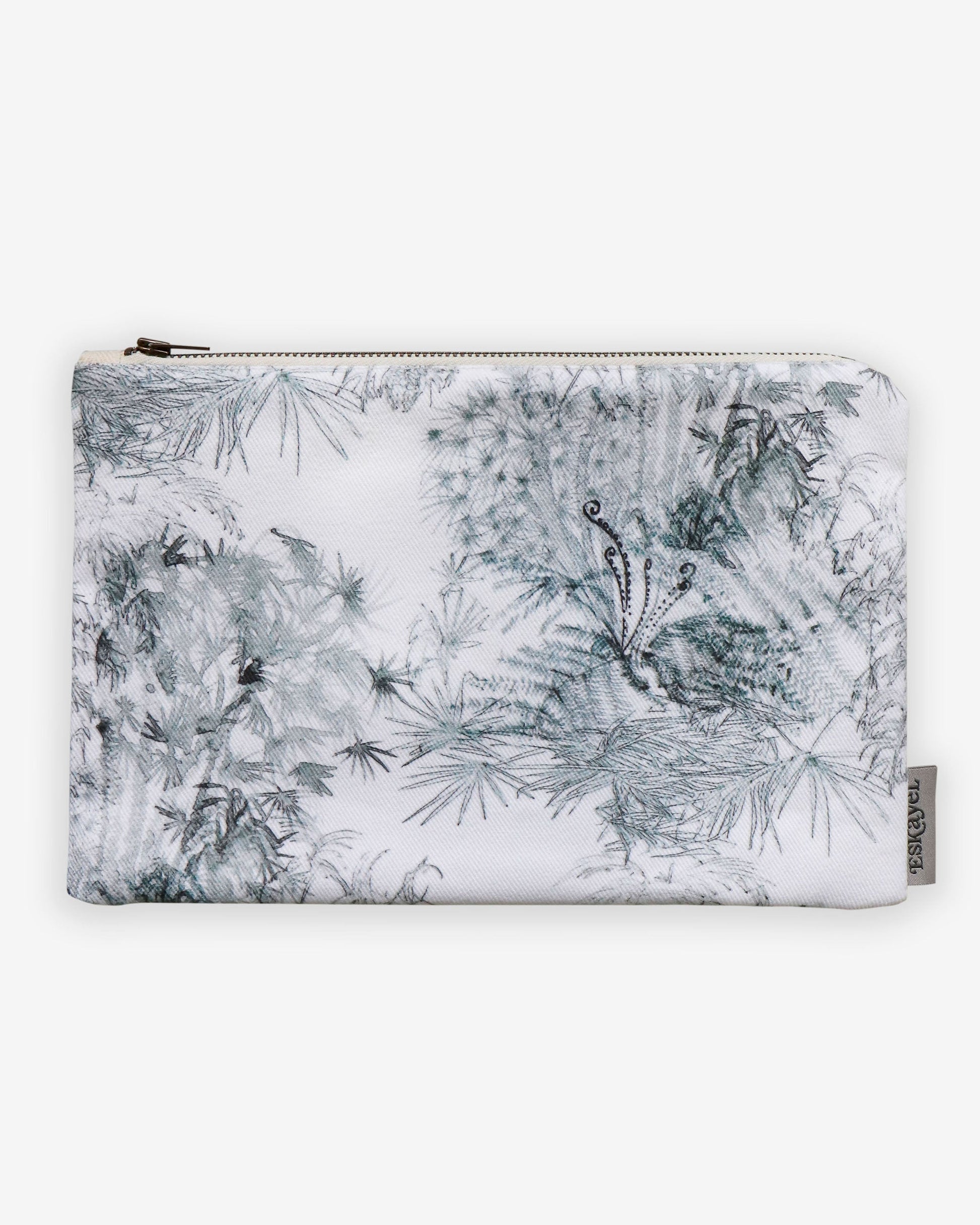 A Domenica Pouch Notte with a cactus print and tropical leaves