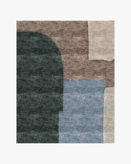 The Blocked rug in Land incorporates four bold colors in shiny bamboo silk.