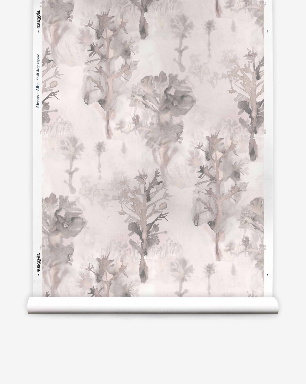 Aionas Silk Wallcovering Alba paper-backed wallpaper roll with a repeating watercolor print of abstract, grey-toned trees in a nature-inspired design.