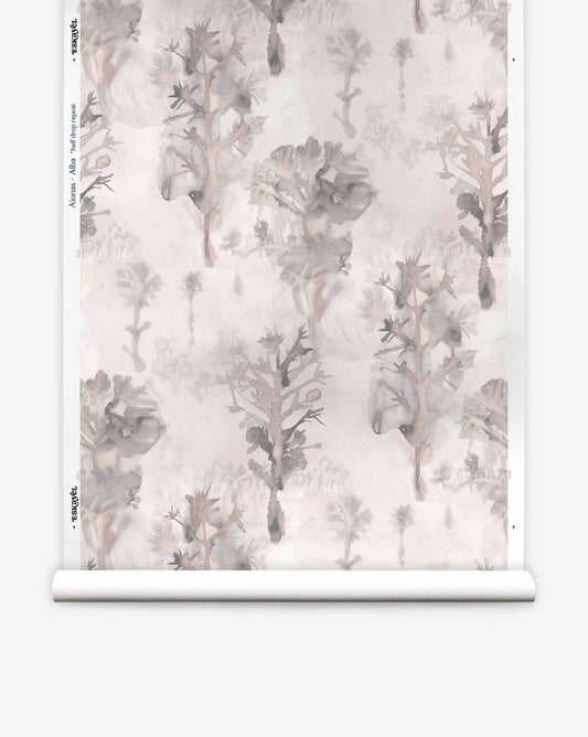 Aionas Silk Wallcovering Alba paper-backed wallpaper roll with a repeating watercolor print of abstract, grey-toned trees in a nature-inspired design.