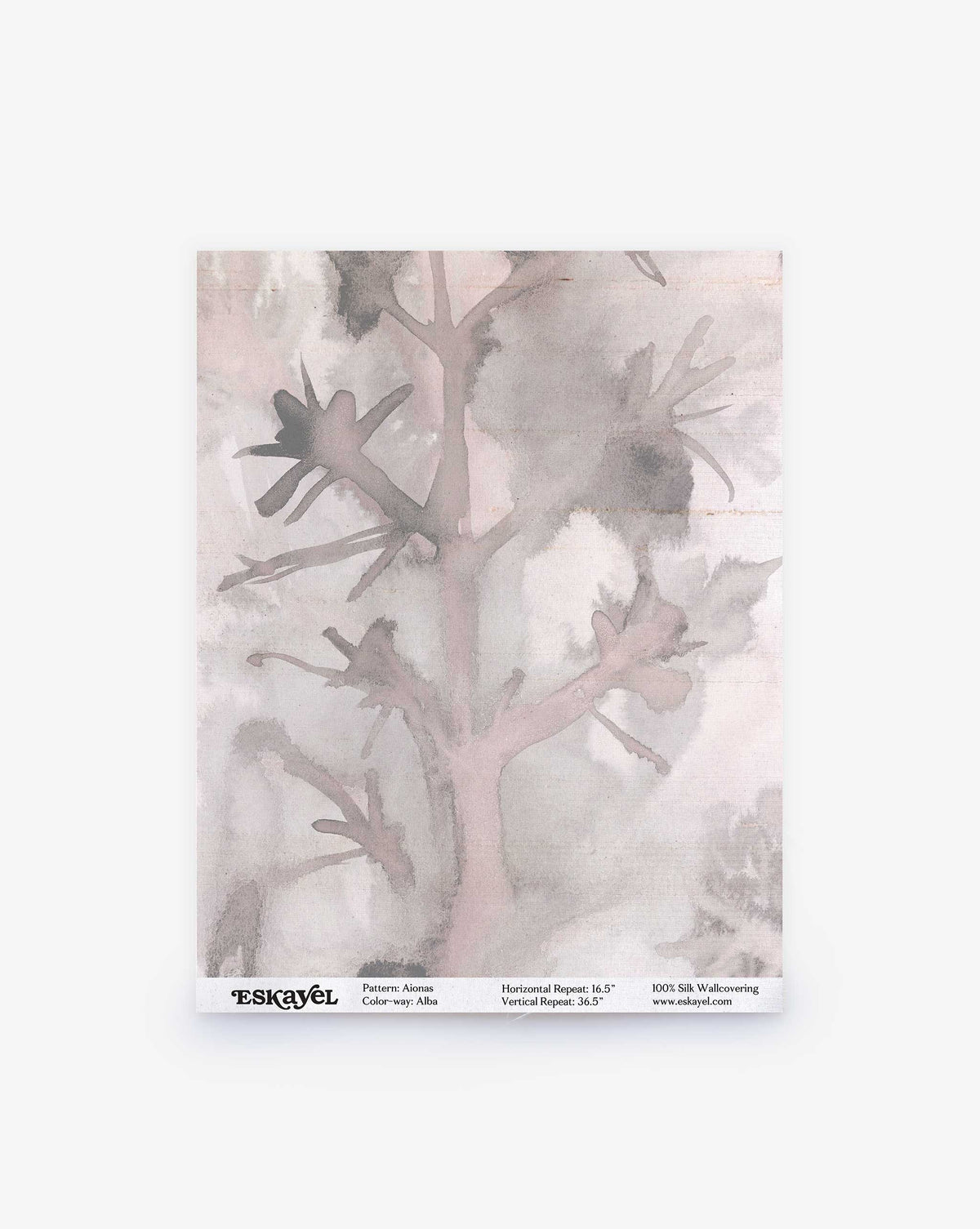 Aionas Silk Sample in Alba, a gray and pink watercolor-style abstract tree branch wallcovering with technical specifications at the bottom.