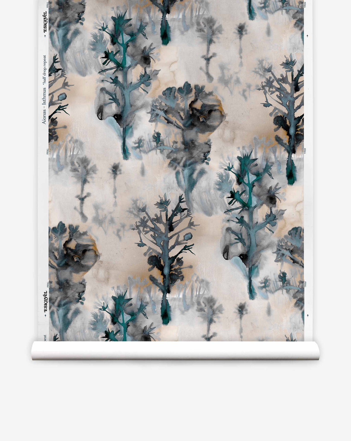 Aionas Silk Wallcovering Isthmus wallpaper features a repeating abstract floral and tree-like watercolor pattern in shades of teal, charcoal, and beige.