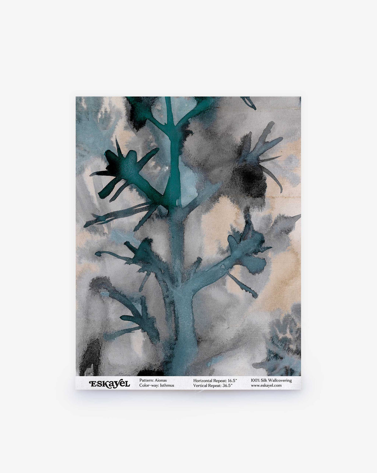 Aionas Silk Sample watercolor-style wallcovering featuring a dark teal abstract tree-like motif against a light gray and tan wash background.