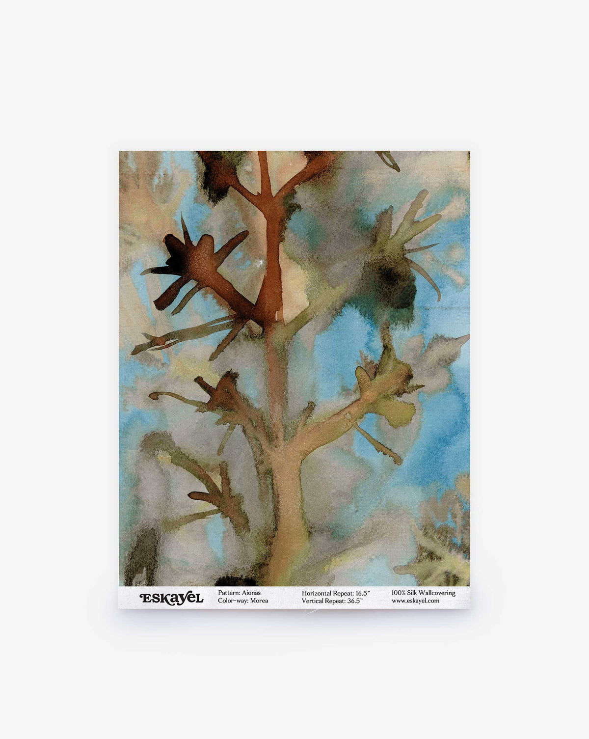 Sample of Aionas Silk Sample||Morea wallcovering featuring a watercolor design of brown stylized tree branches against a blue and grey mottled background.