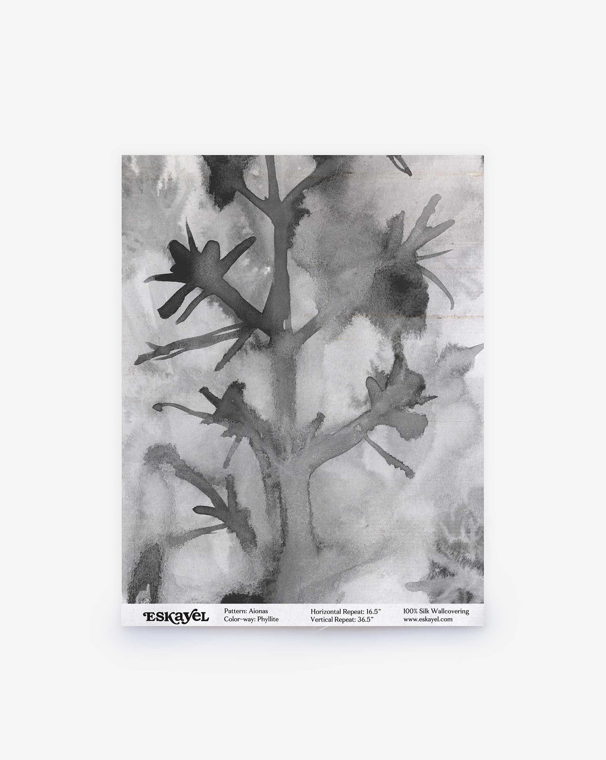 Aionas Silk Sample in Phyllite featuring a watercolor-style pattern of grey abstract branch-like shapes on a light grey background, with product information and an order sample link at the bottom.