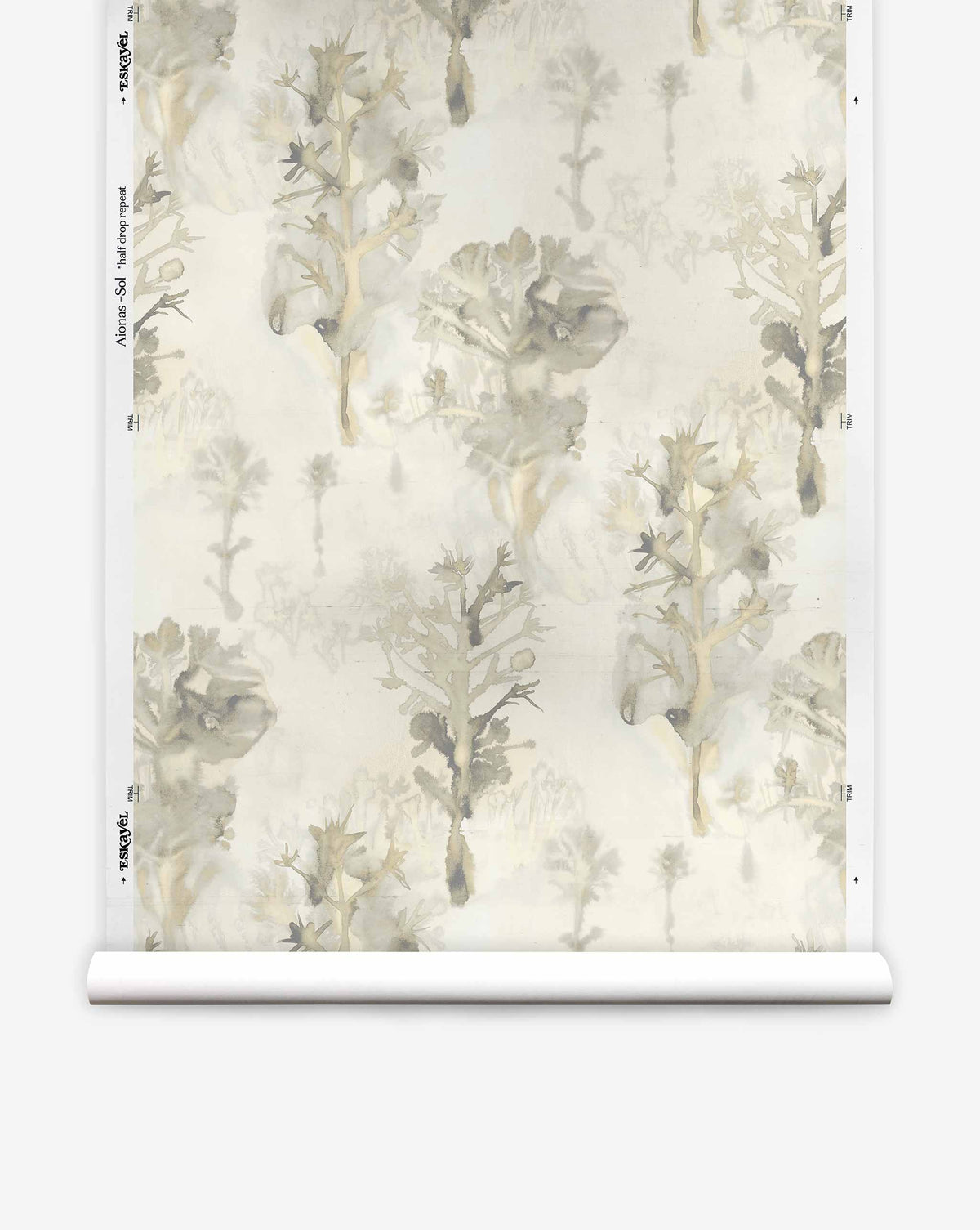 Aionas Silk Wallcovering wallpaper featuring a repeating watercolor print of abstract gray and beige thistle-like plants on paper-backed silk.