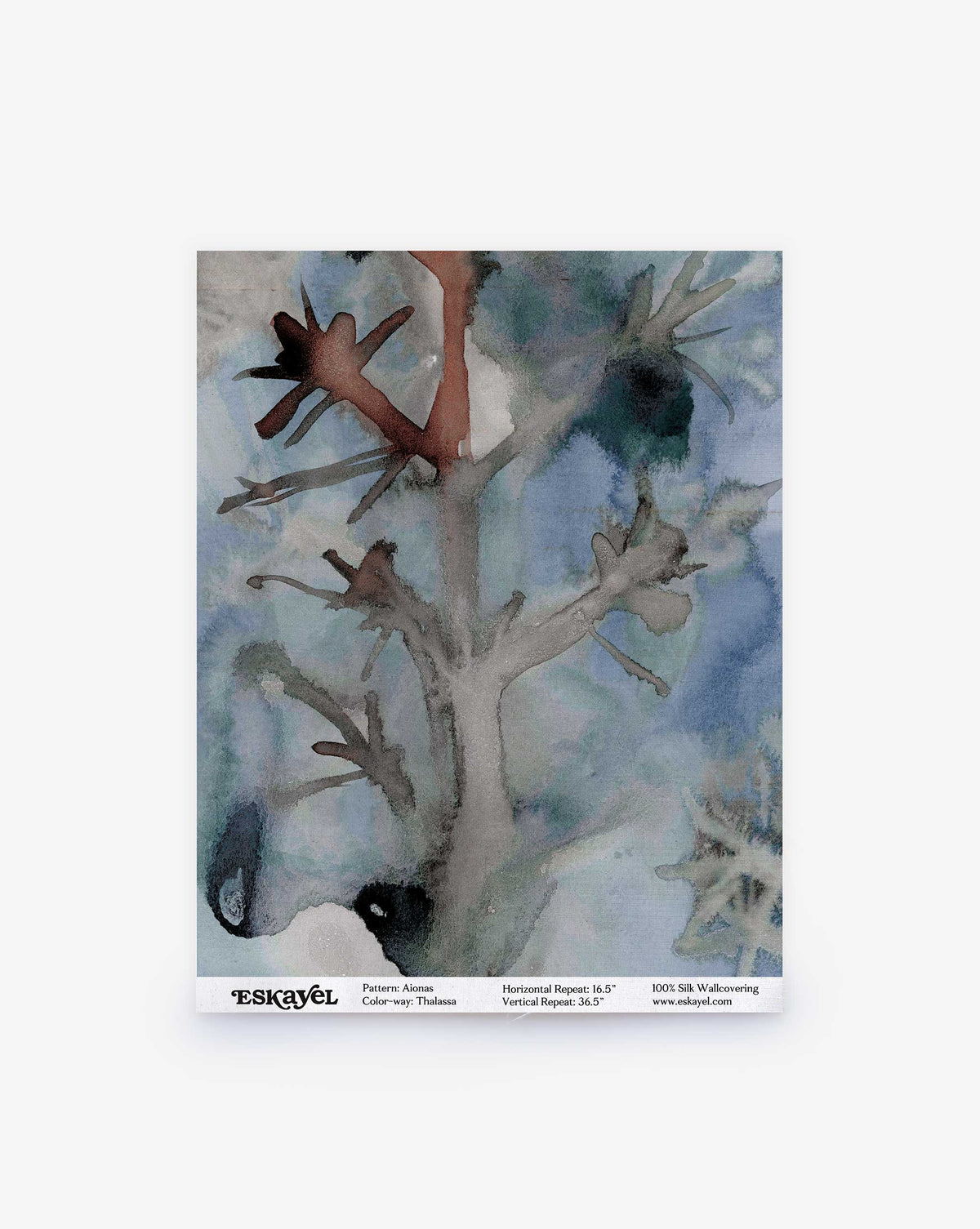 Aionas Silk Sample in Thalassa featuring an abstract watercolor pattern with a central tree-like form in gray and brown against a blue and gray wash background.