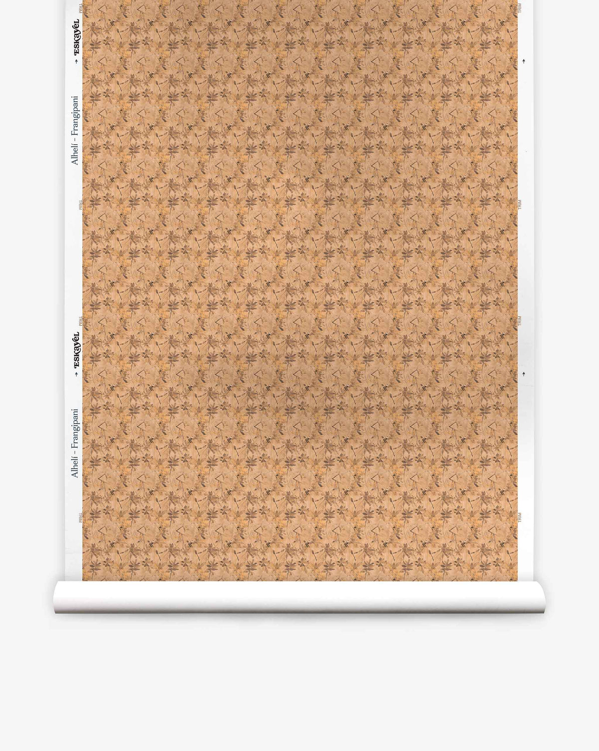 A roll of Alhelí Silk Wallcovering in Frangipani, featuring an all-over repeating pattern of brown star-shaped flowers on a textured tan background.