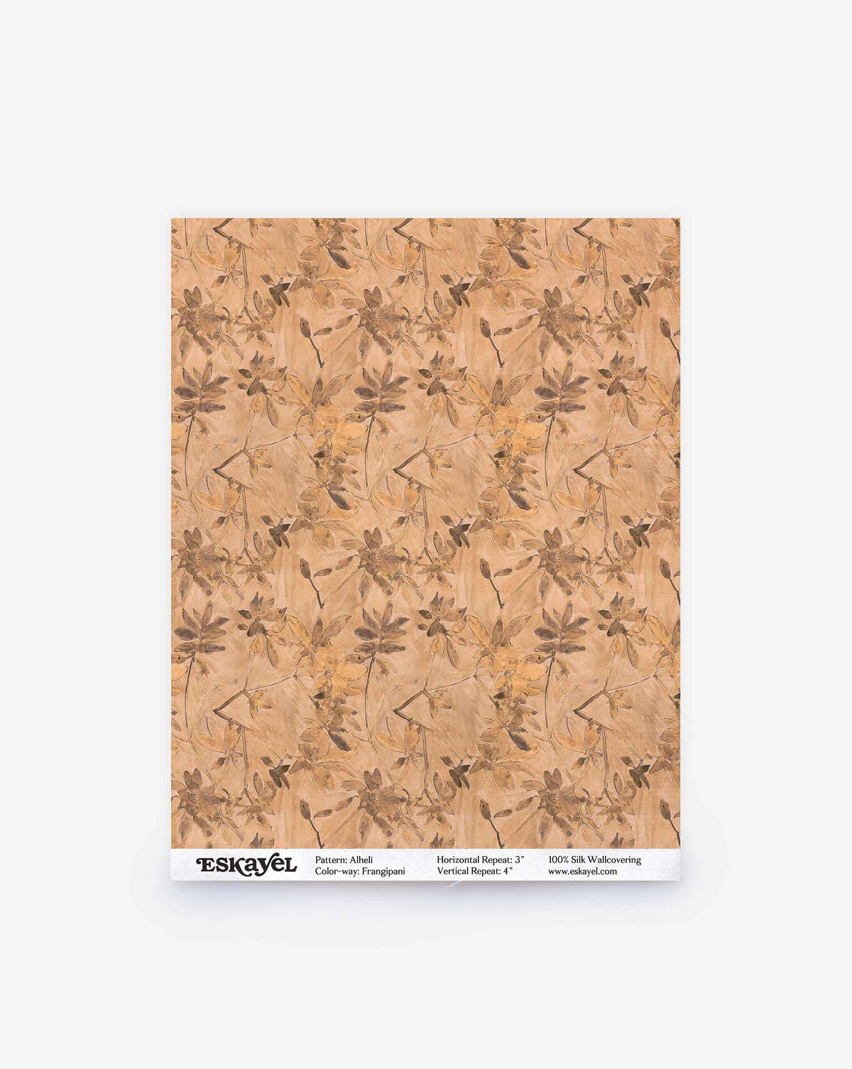Alhelí Silk Wallcovering in Frangipani, a silk wallpaper sample featuring a repeating pattern of brown botanical illustrations on a tan textured, eco-friendly background.