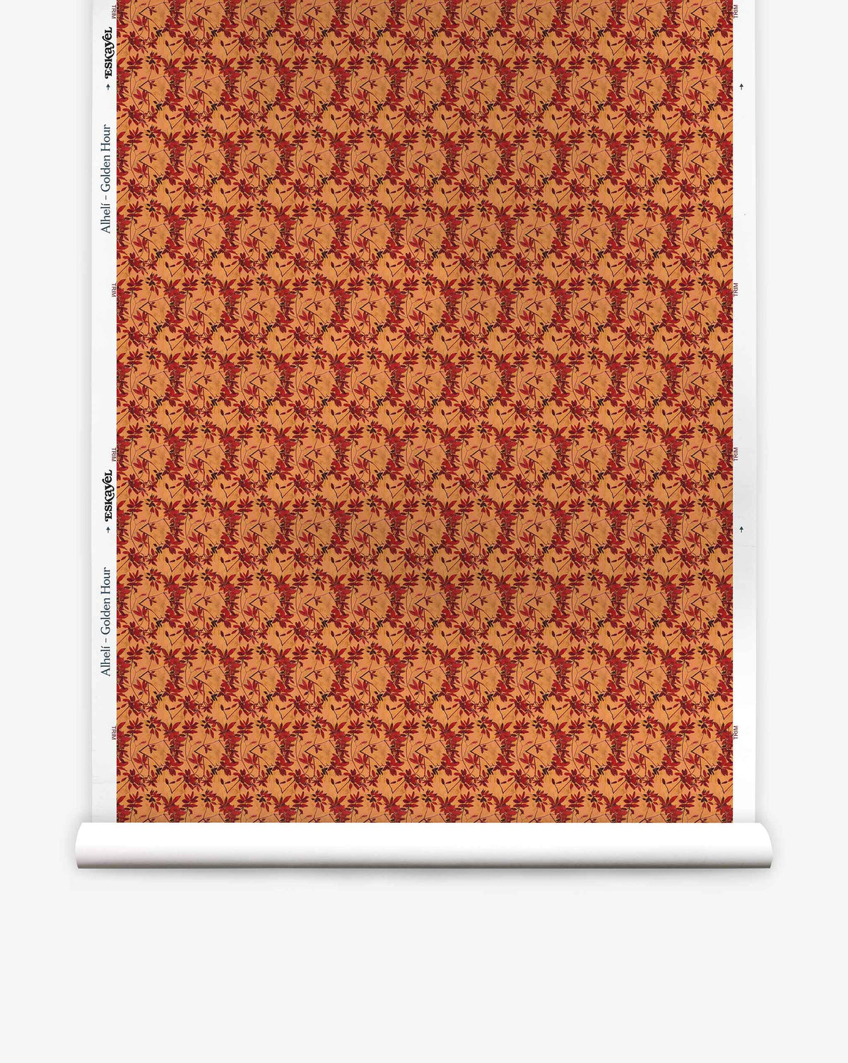 A roll of Alhelí Silk Wallcovering in Golden Hour, featuring a repeating pattern of dark red autumn leaves on a warm, golden-orange background.