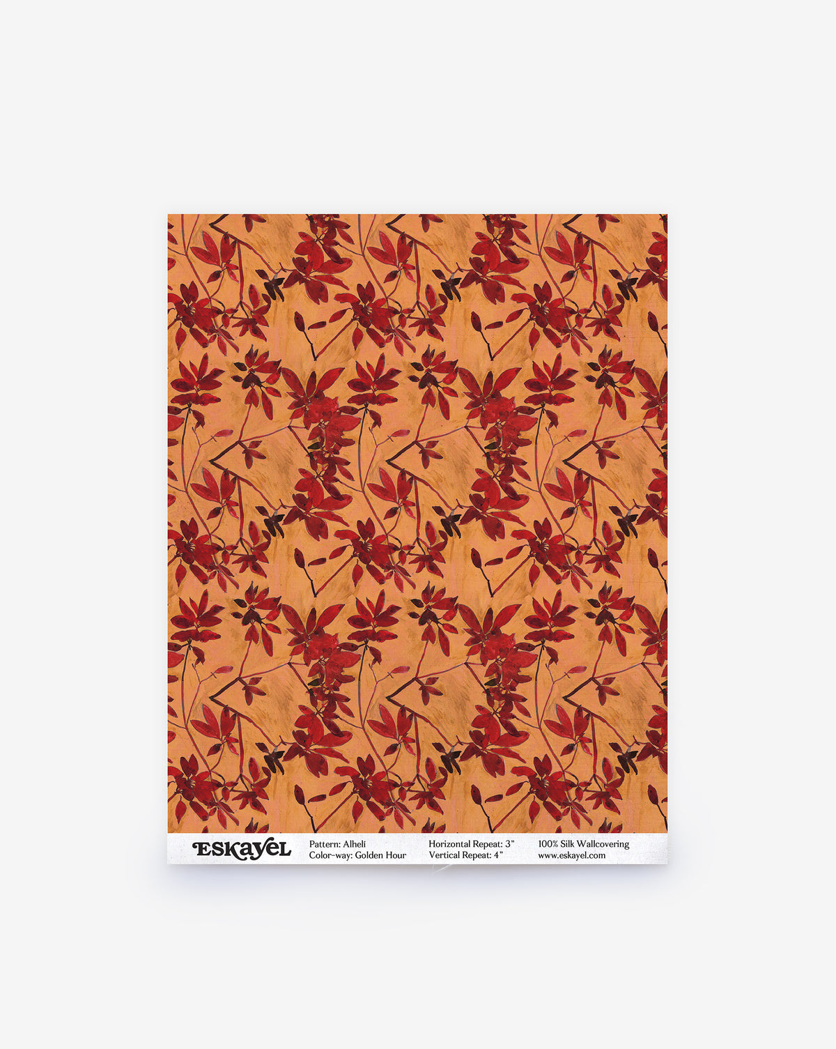 Alhelí Silk Wallcovering in Golden Hour featuring a biophilic repeating pattern of dark red flowers and foliage on a textured orange background.