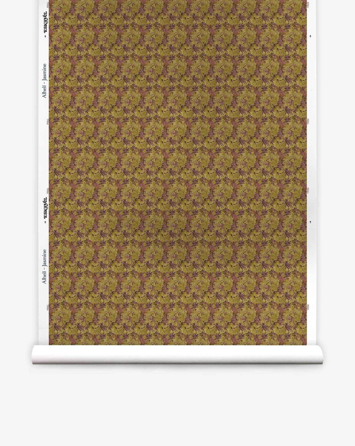 A roll of Alhelí Silk Wallcovering in Jasmine, featuring an all-over pattern of small, dense floral shapes in shades of yellow, green, and dark purple.