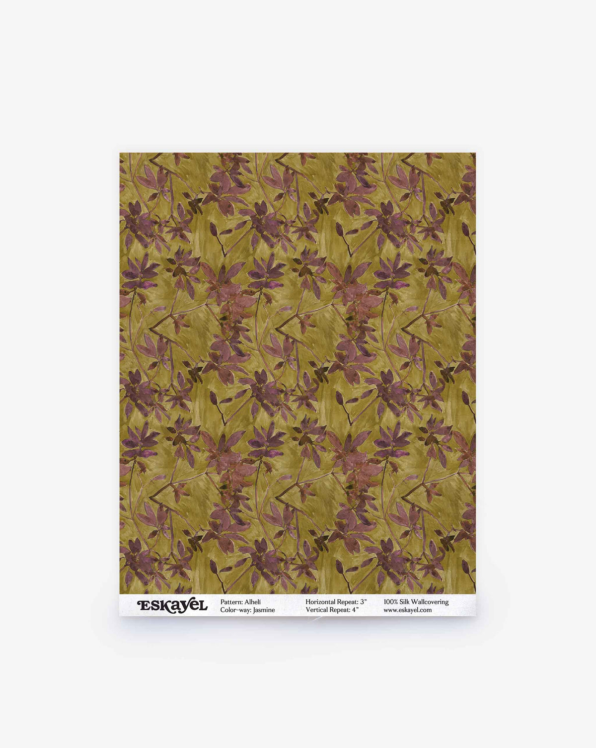 Alhelí Silk Wallcovering | Jasmine features an eco-friendly repeating pattern of dark purple leaves and stems on a muted olive green background.