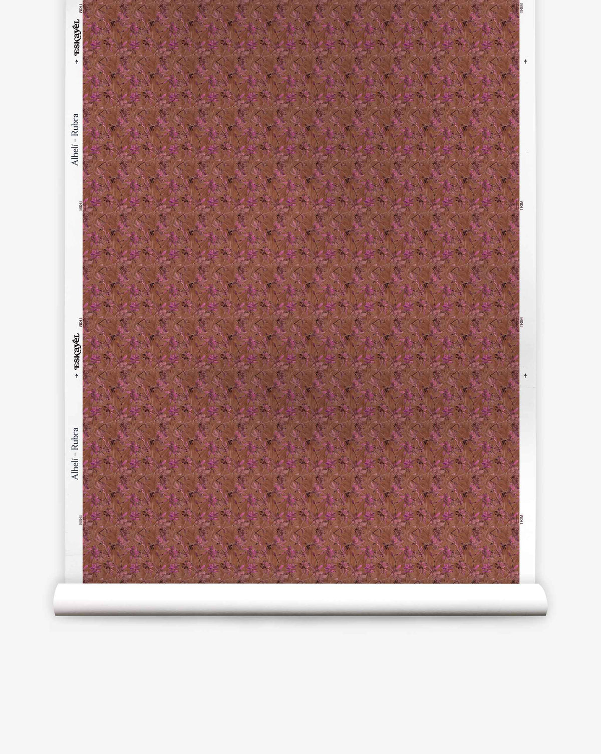 A roll of Alhelí Silk Wallcovering||Rubra wallpaper featuring a dense, brown and magenta botanical pattern with white trim margins on the sides.