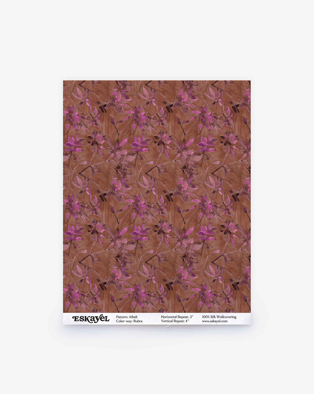 Alhelí Silk Wallcovering Rubra features a repeating pattern of magenta floral sprigs on a textured reddish-brown silk background.