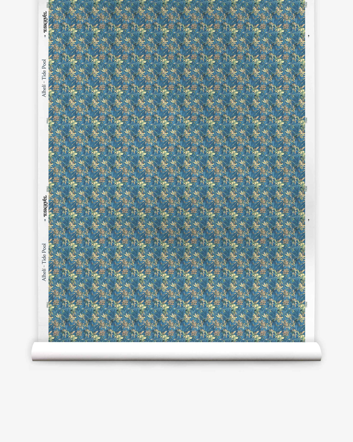 A roll of Alhelí Silk Wallcovering in Tide Pool, featuring a dense, repeating botanical pattern of cream-colored flowers and teal foliage on a dark blue background.